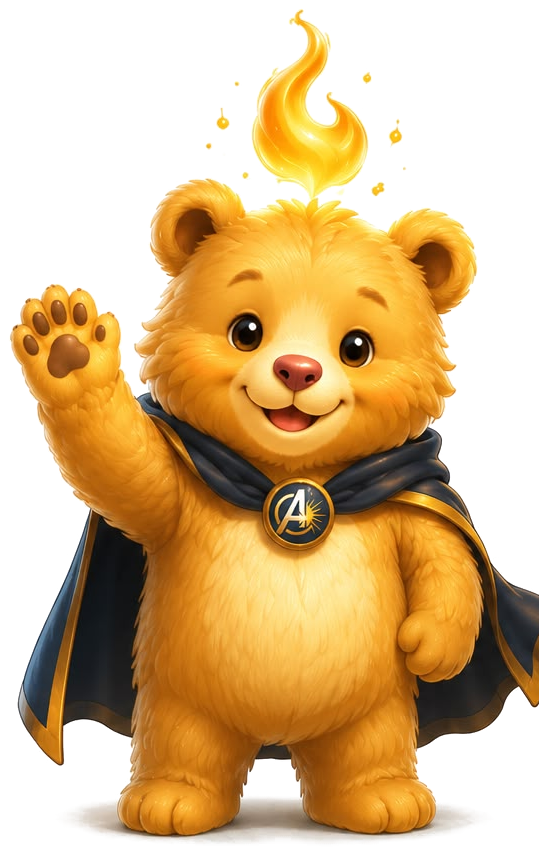 The Solar Bear — the Aegis Mentari mascot, a golden bear with a living sun-flame above its head, waving hello